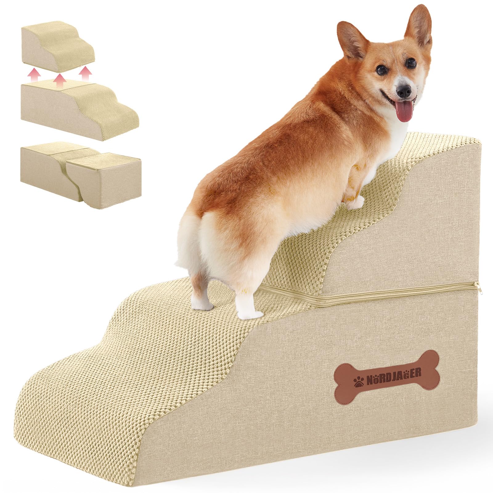 Nordjager Dog Stairs 4-steps beige full setup shows easy bed access for small pets.