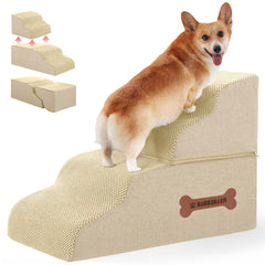 Nordjager Dog Stairs 4-steps beige full setup shows easy bed access for small pets.