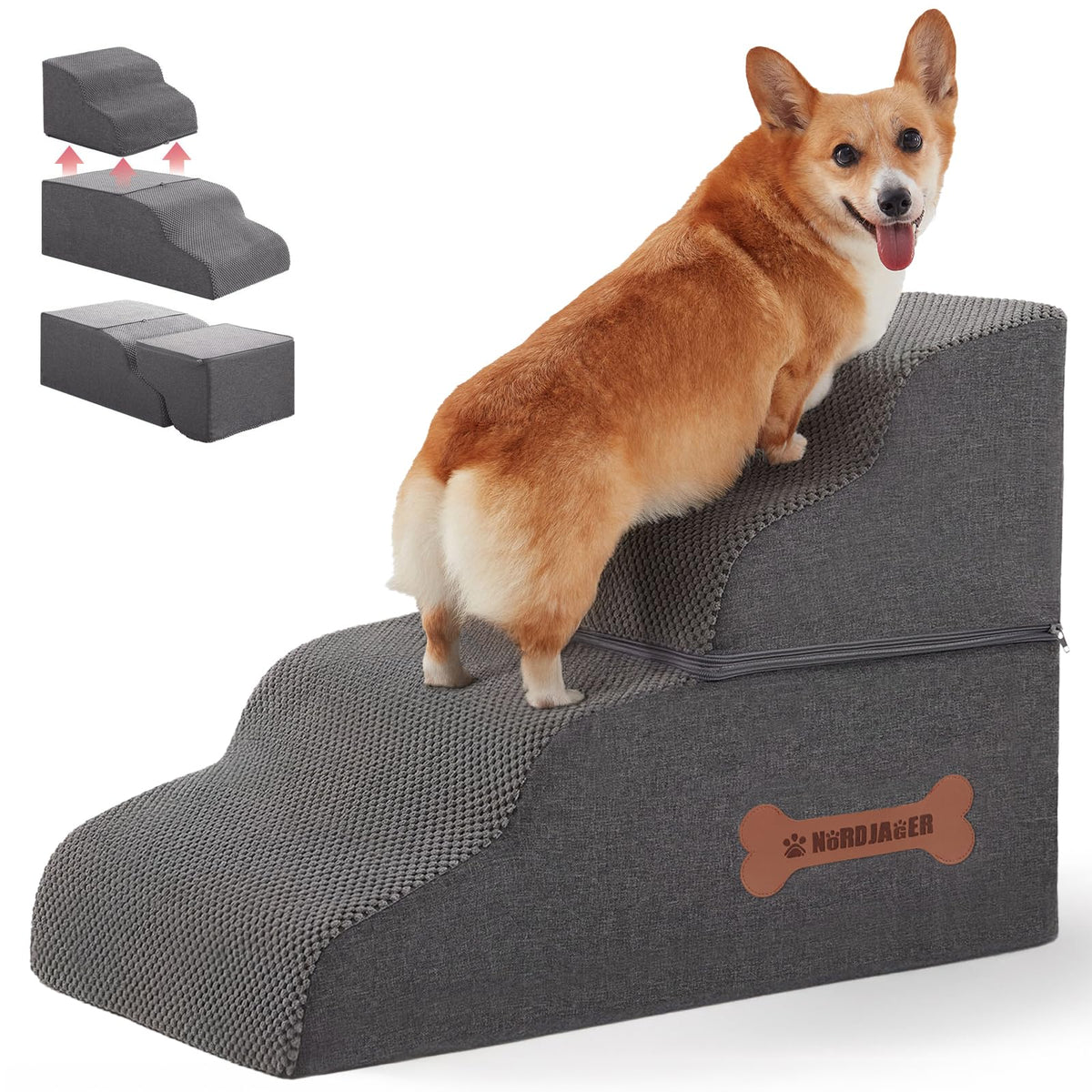 Nordjager dog stairs front view shows four steps for easy bed access