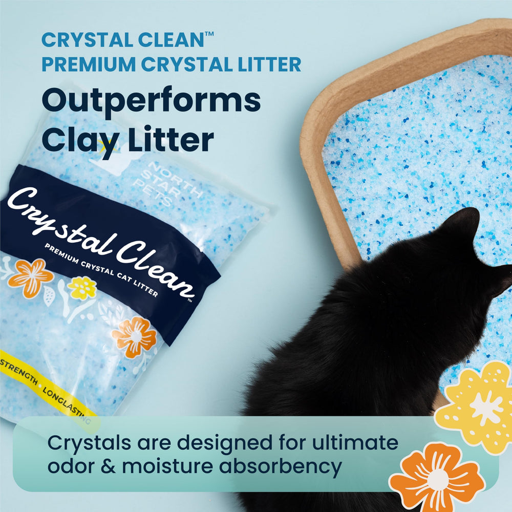 North Star Pets Crystal Clean in a litter box illustrating low tracking and cleaner floors.