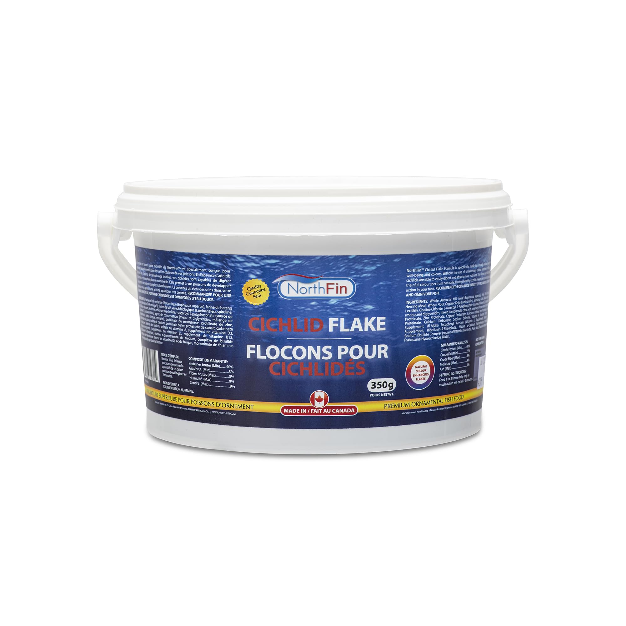 NorthFin Cichlid Flake Formula 350g container supports vibrant color in aquarium fish