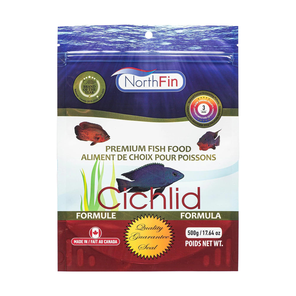 NorthFin Cichlid Formula bag packaging highlights premium ingredients and no fillers for healthier fish.