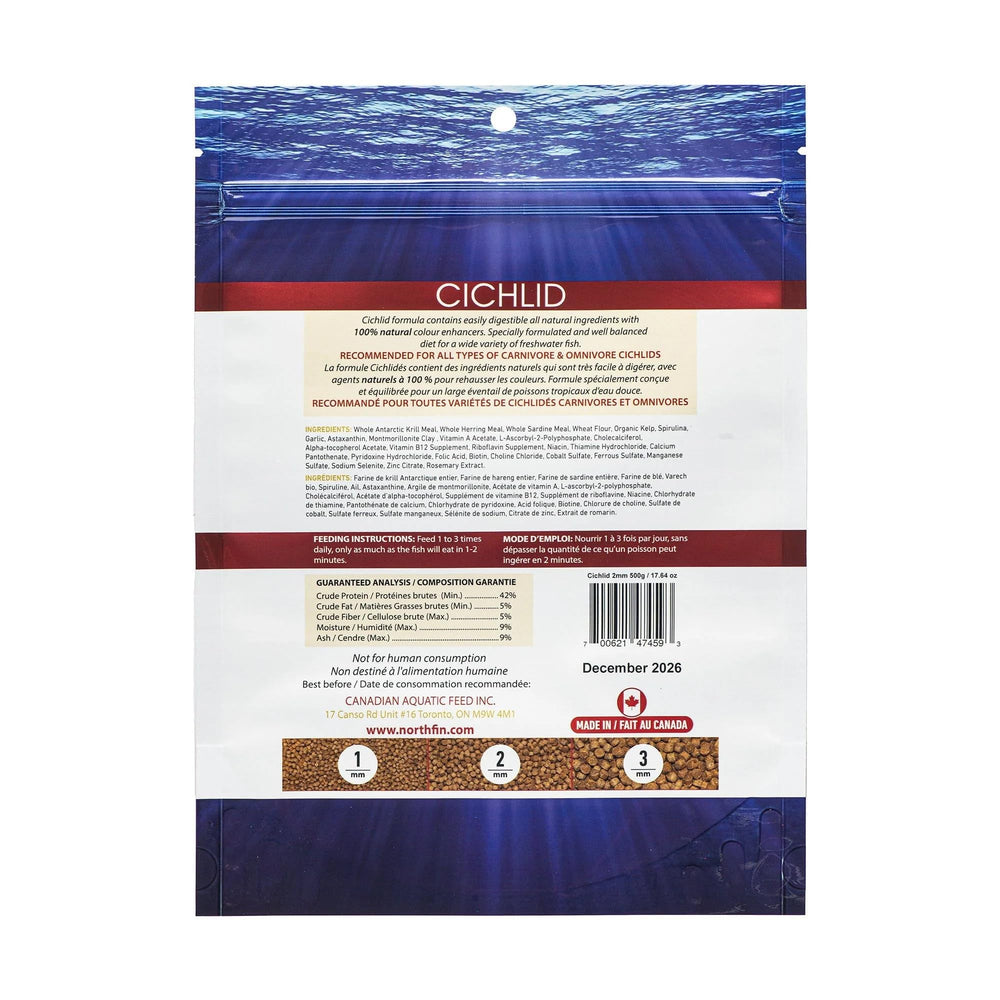 NorthFin Cichlid Formula Canada-made badge signals trusted, high quality diet.
