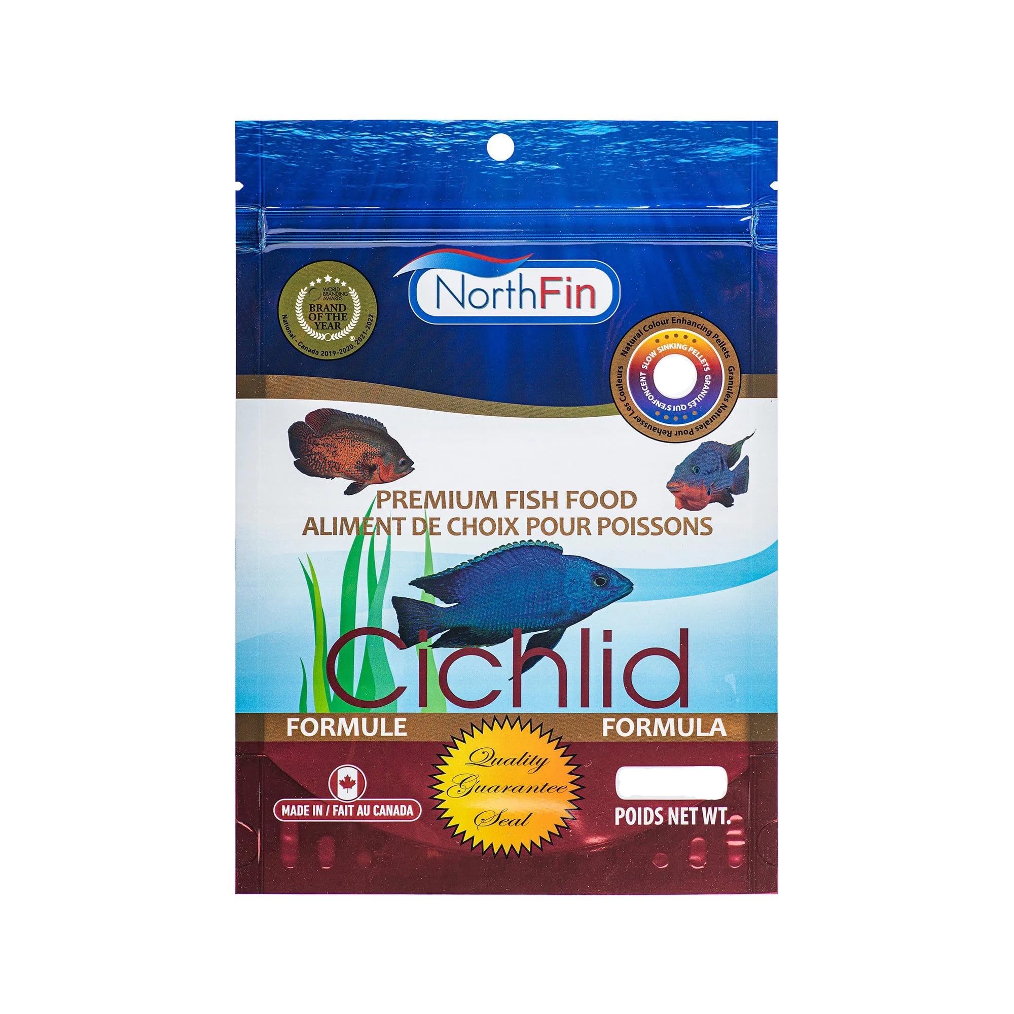 NorthFin Cichlid Formula pellets closeup emphasizes slow sinking design for efficient nutrient uptake.