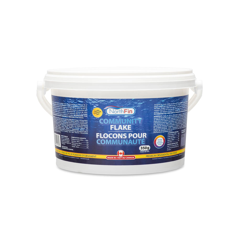 NorthFin Community Flake Formula 350g container promoting vibrant color and healthy growth