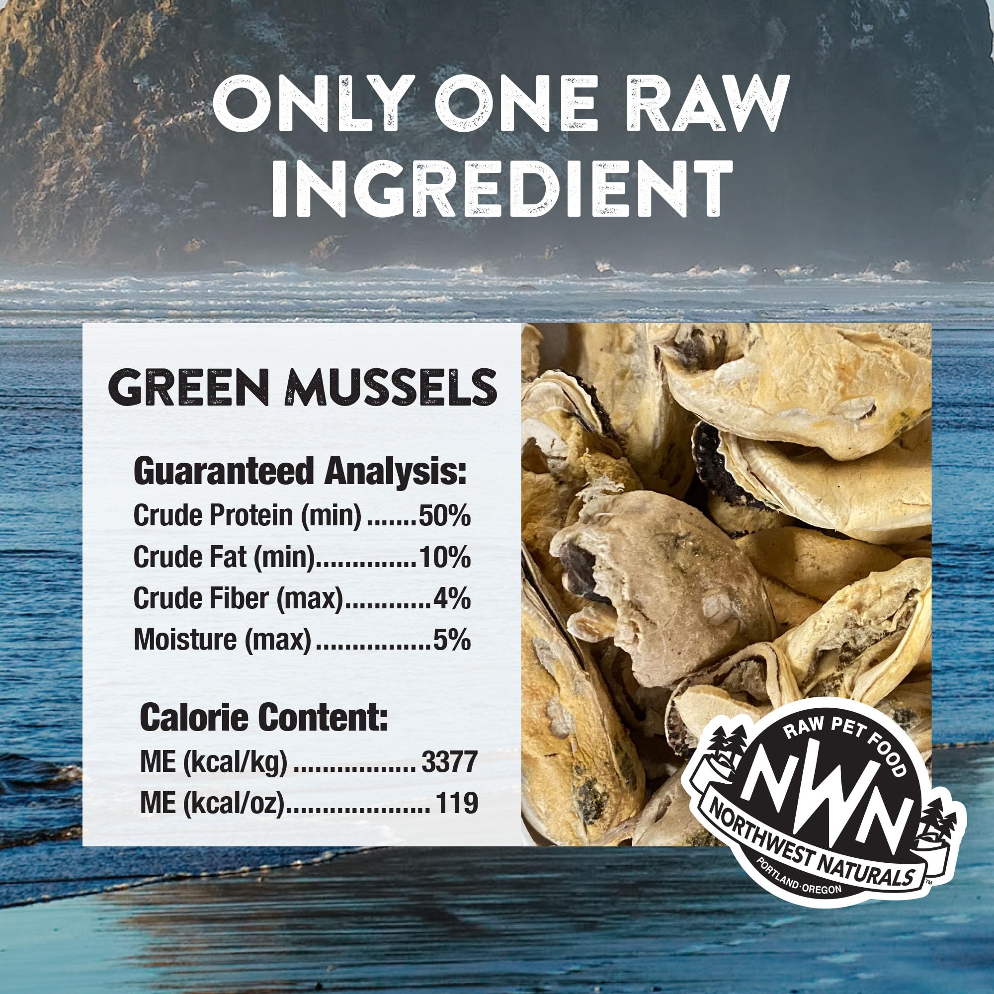 Northwest Naturals bite-sized mussel treats, close-up texture shows crisp, crumble-ready pieces.