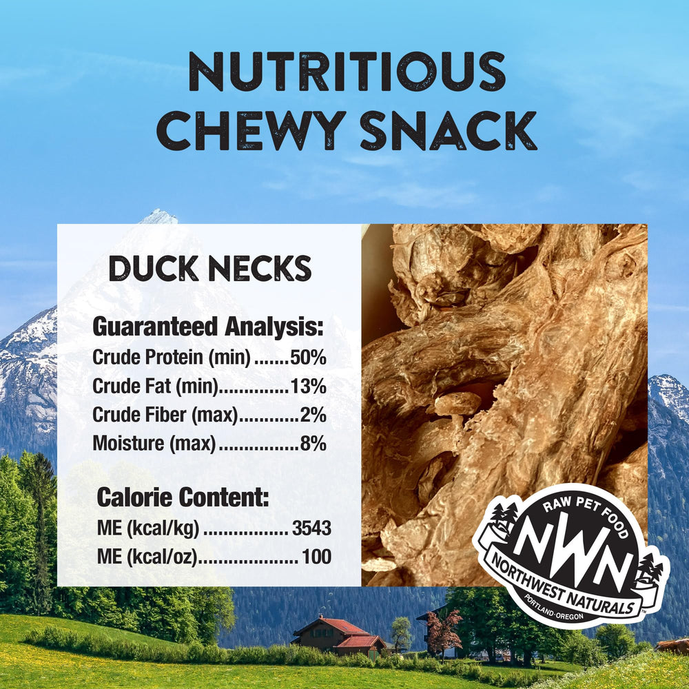 Northwest Naturals duck neck bite-sized pieces ready for dogs and cats for easy feeding.