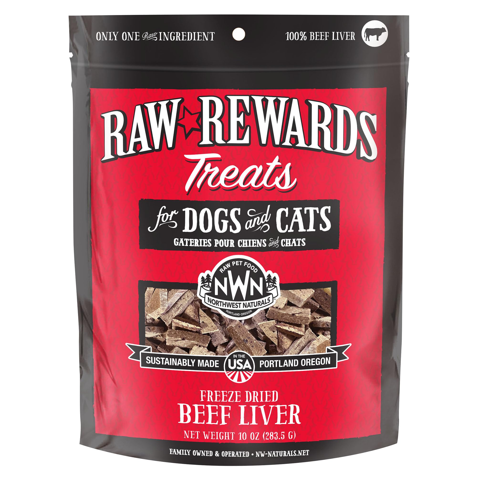 Northwest Naturals freeze-dried beef liver treats in bite-sized pieces for dogs and cats; tasty rewards.