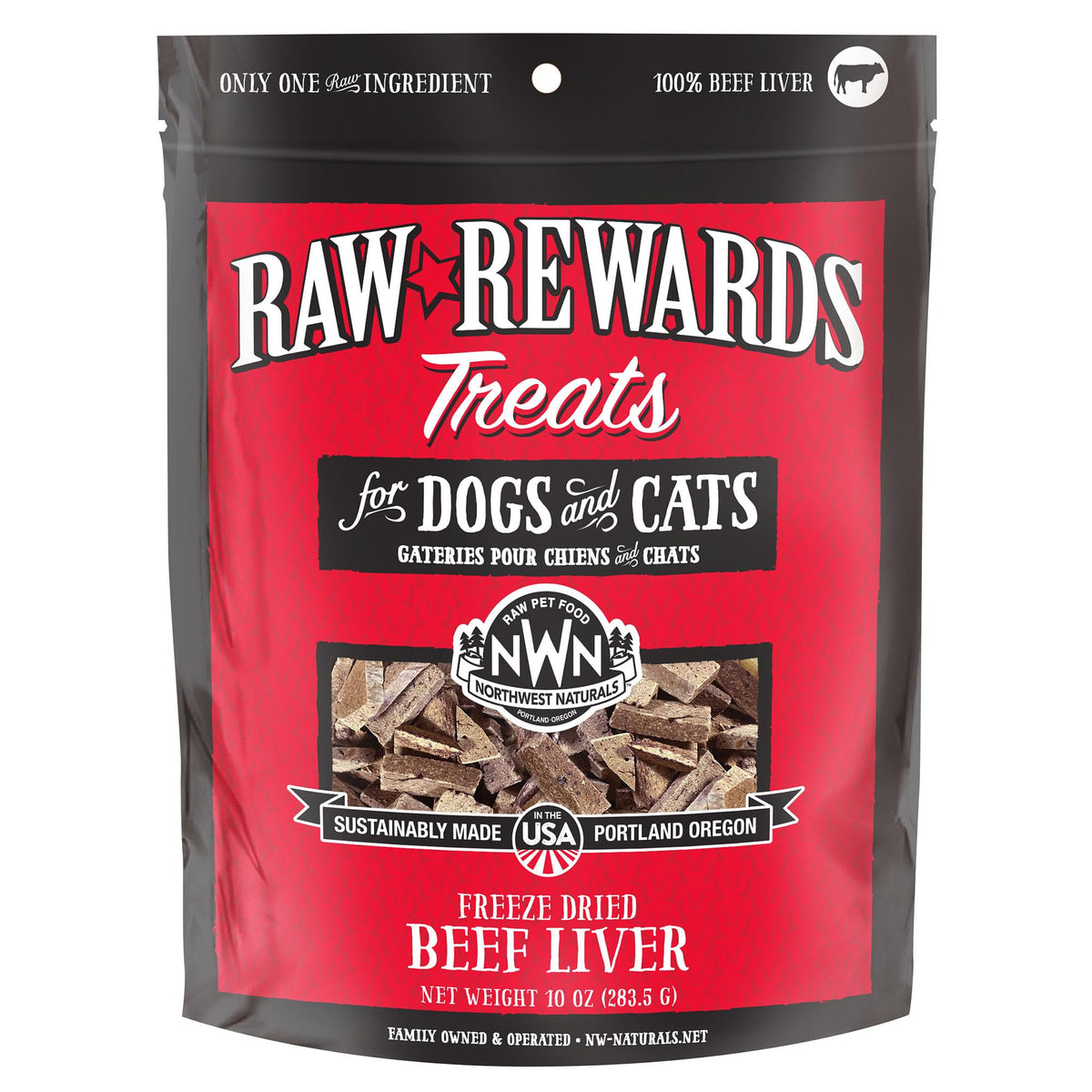 Northwest Naturals freeze-dried beef liver treats in bite-sized pieces for dogs and cats; tasty rewards.