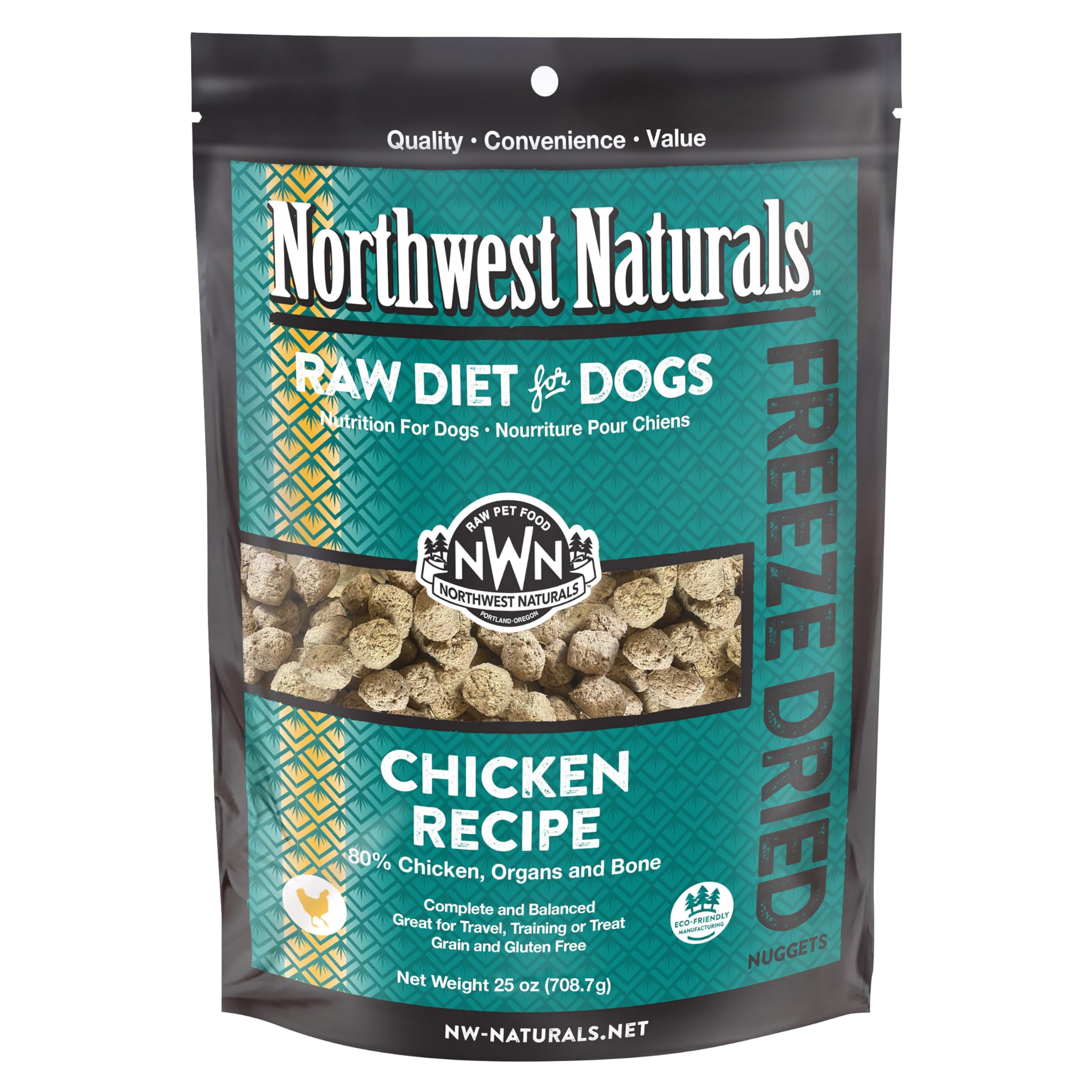 Northwest Naturals freeze-dried chicken nuggets packaging highlights USA-made quality and convenient storage.