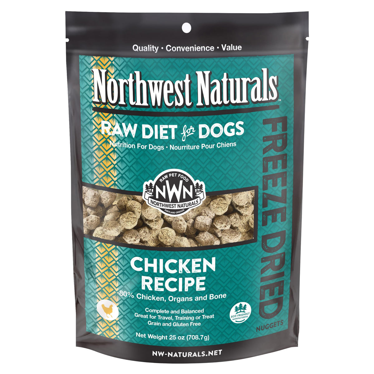 Northwest Naturals freeze-dried chicken nuggets packaging highlights USA-made quality and convenient storage.