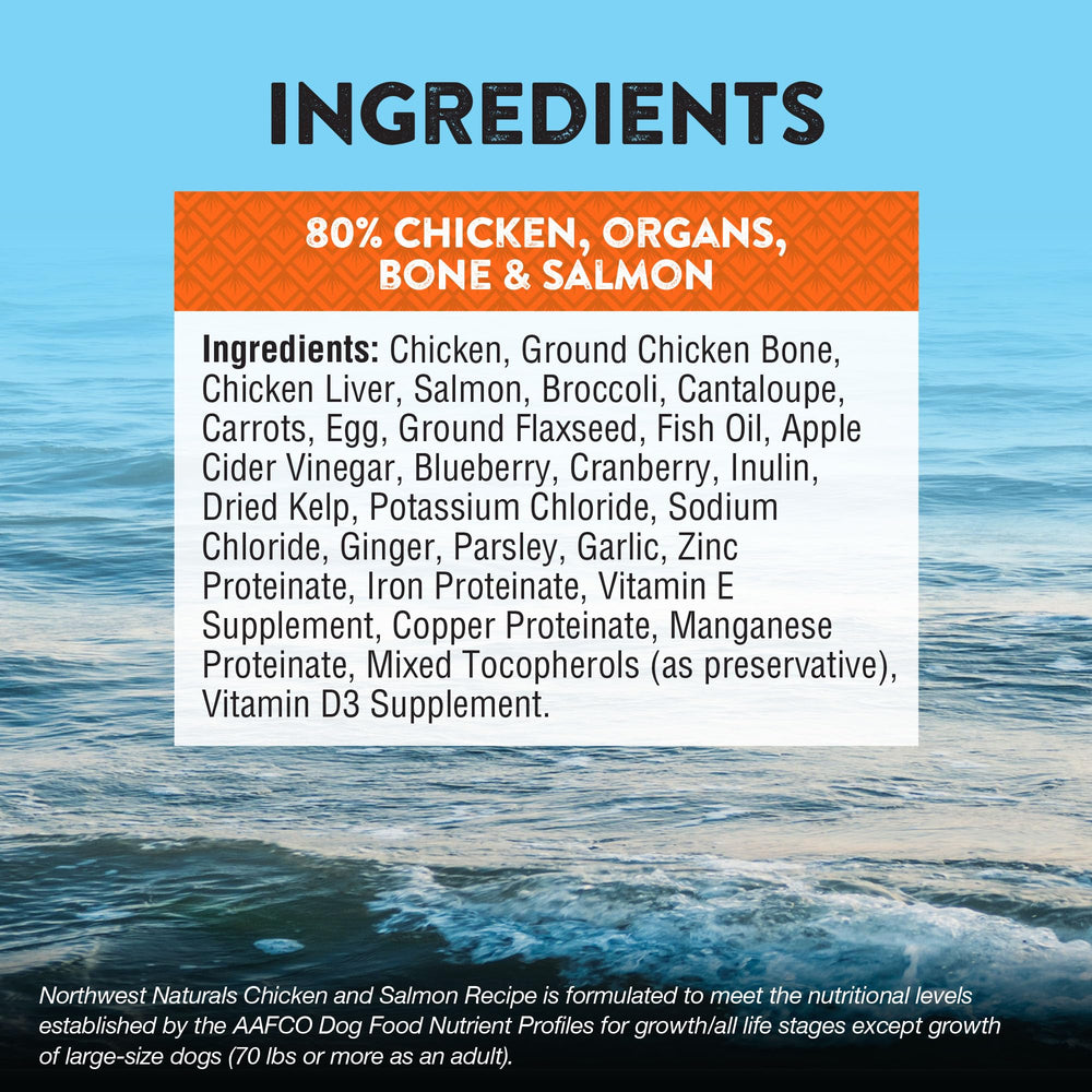 Northwest Naturals freeze-dried chicken-salmon dog food close-up nuggets texture and palatability.