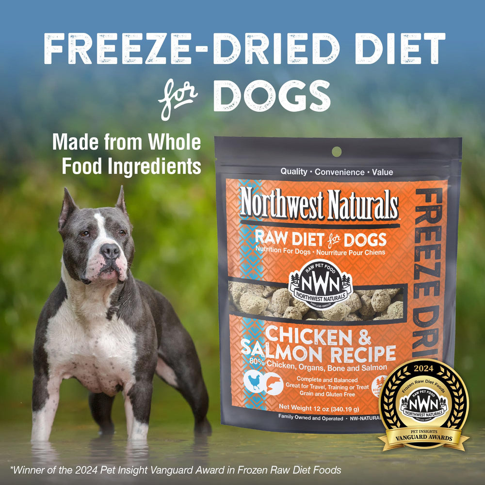 Northwest Naturals freeze-dried chicken-salmon dog food packaging highlights freshness and travel-friendly storage.