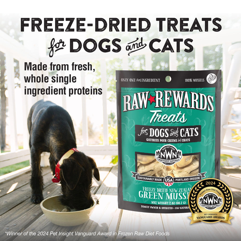 Northwest Naturals freeze-dried green-lipped mussel treats in an easy-open pouch for travel-ready snacking.