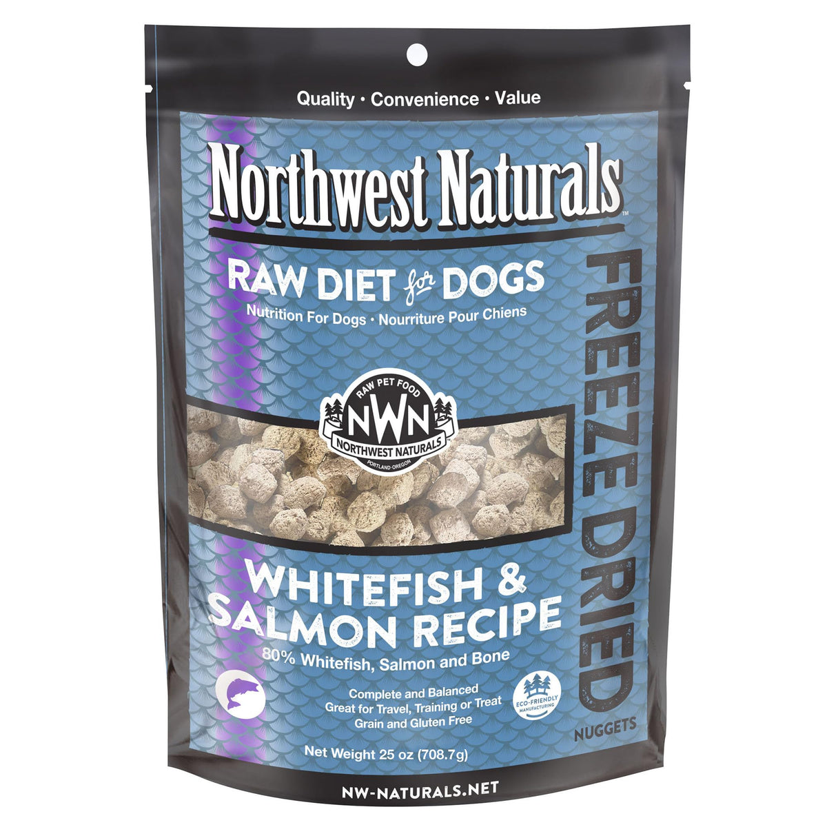 Northwest Naturals freeze-dried whitefish and salmon dog nuggets for convenient feeding