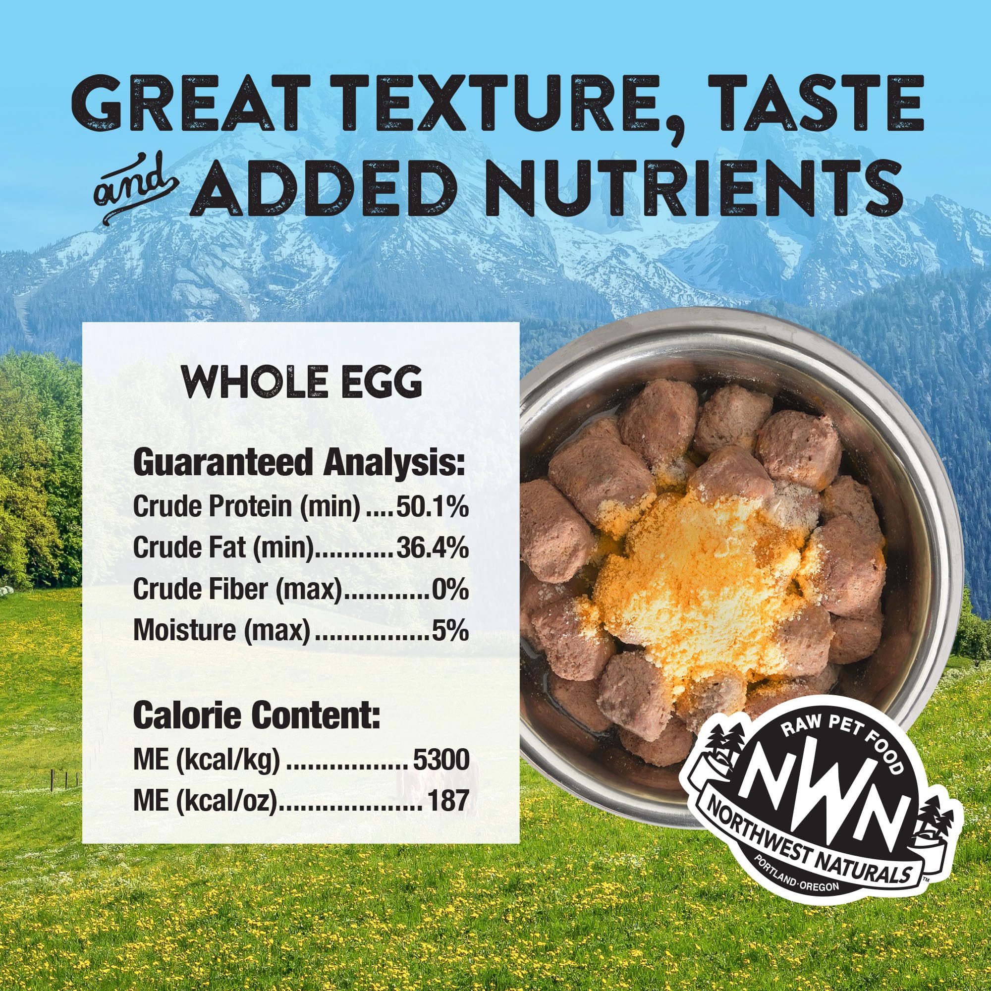 Northwest Naturals freeze-dried-chicken-egg chunks close-up shows 1-ingredient formula.
