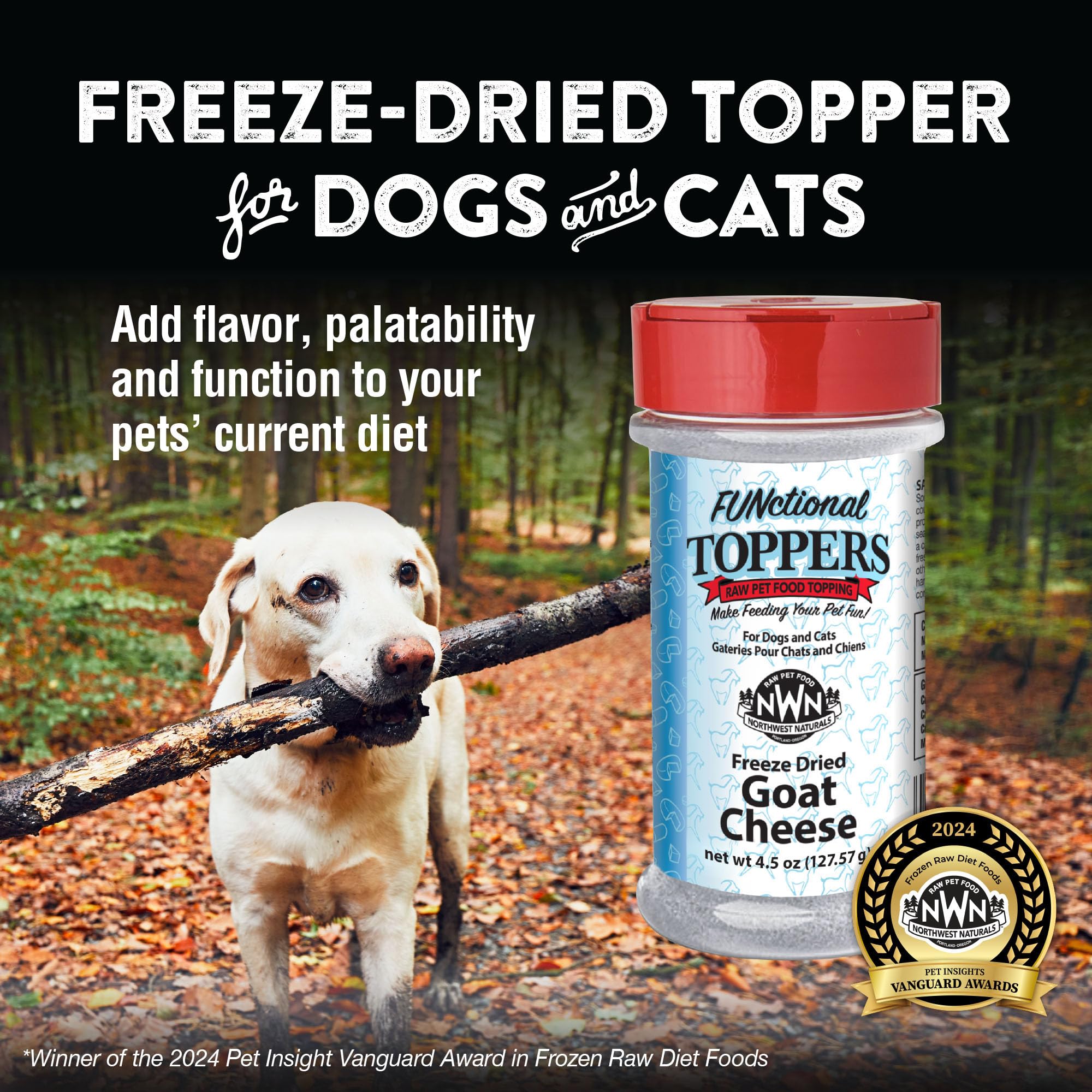 Northwest Naturals goat cheese topper bowl-serve demonstrates pet-friendly meal enhancer for dogs and cats.