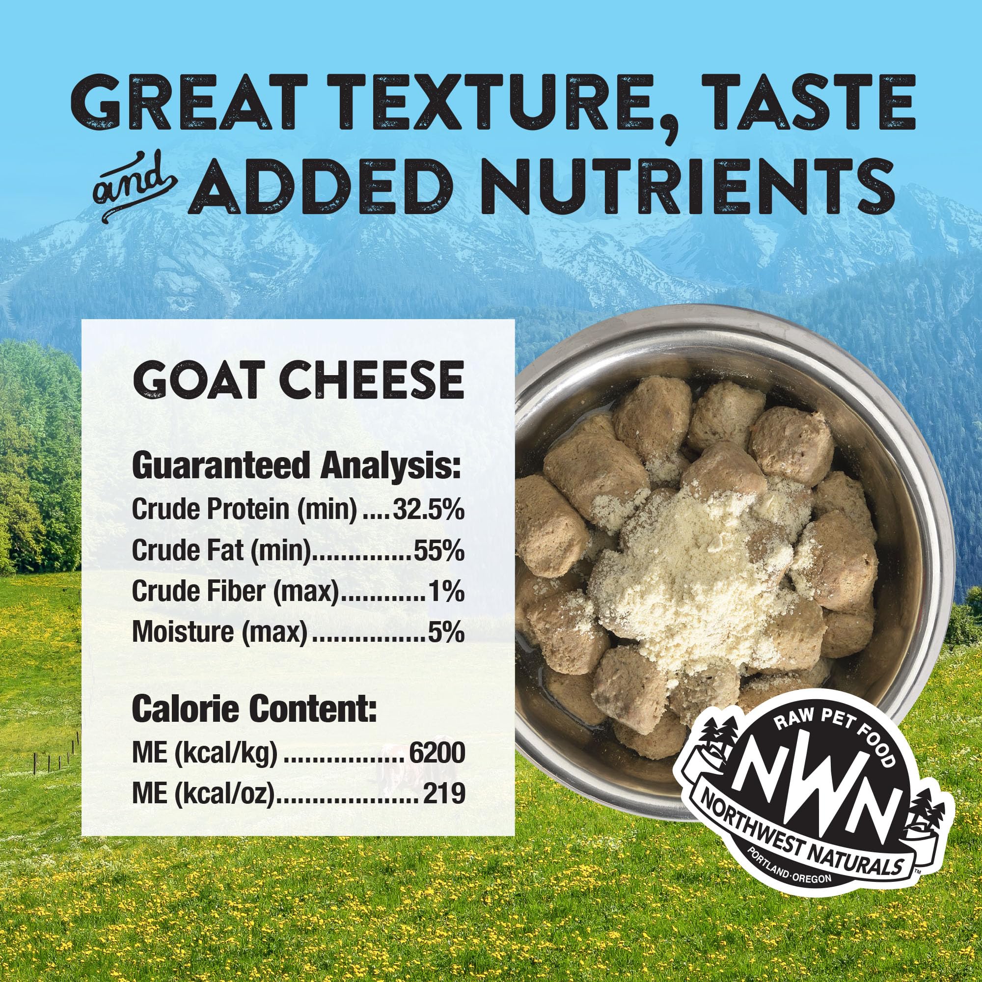 Northwest Naturals goat cheese topper on kibble demonstrates easy, flavorful meal enhancement.