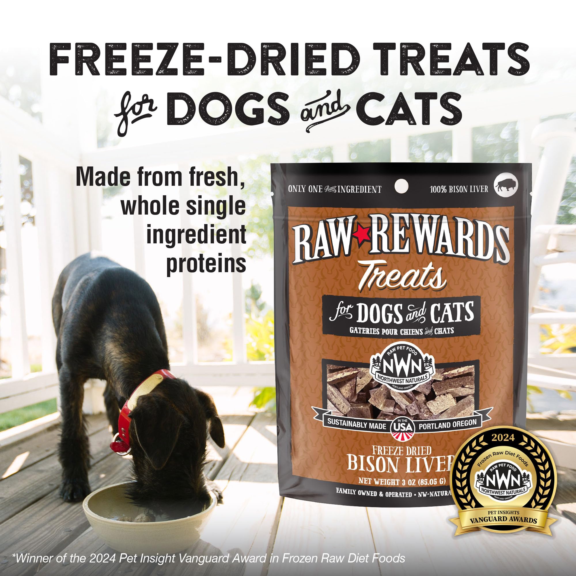 Northwest Naturals Raw Rewards bison liver treats bite-sized pieces ideal for dogs and cats.