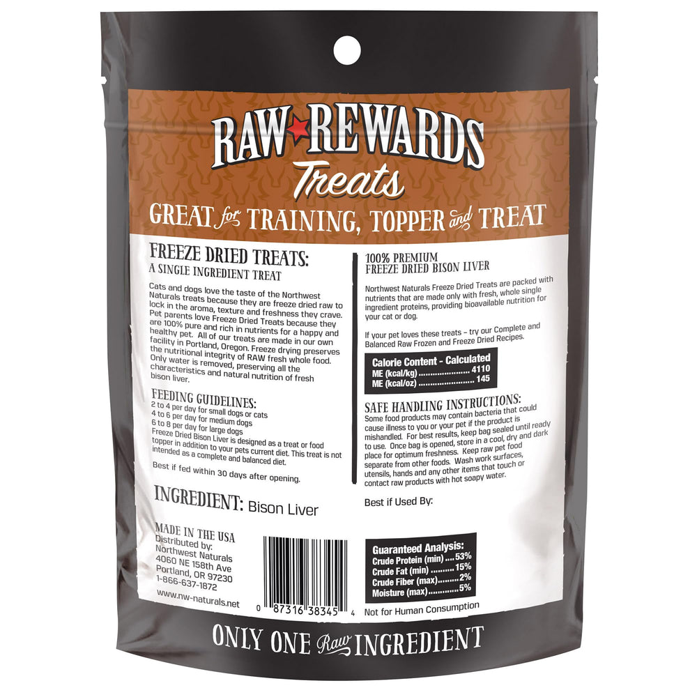 Northwest Naturals Raw Rewards bison liver treats support healthy coat and pet vitality.
