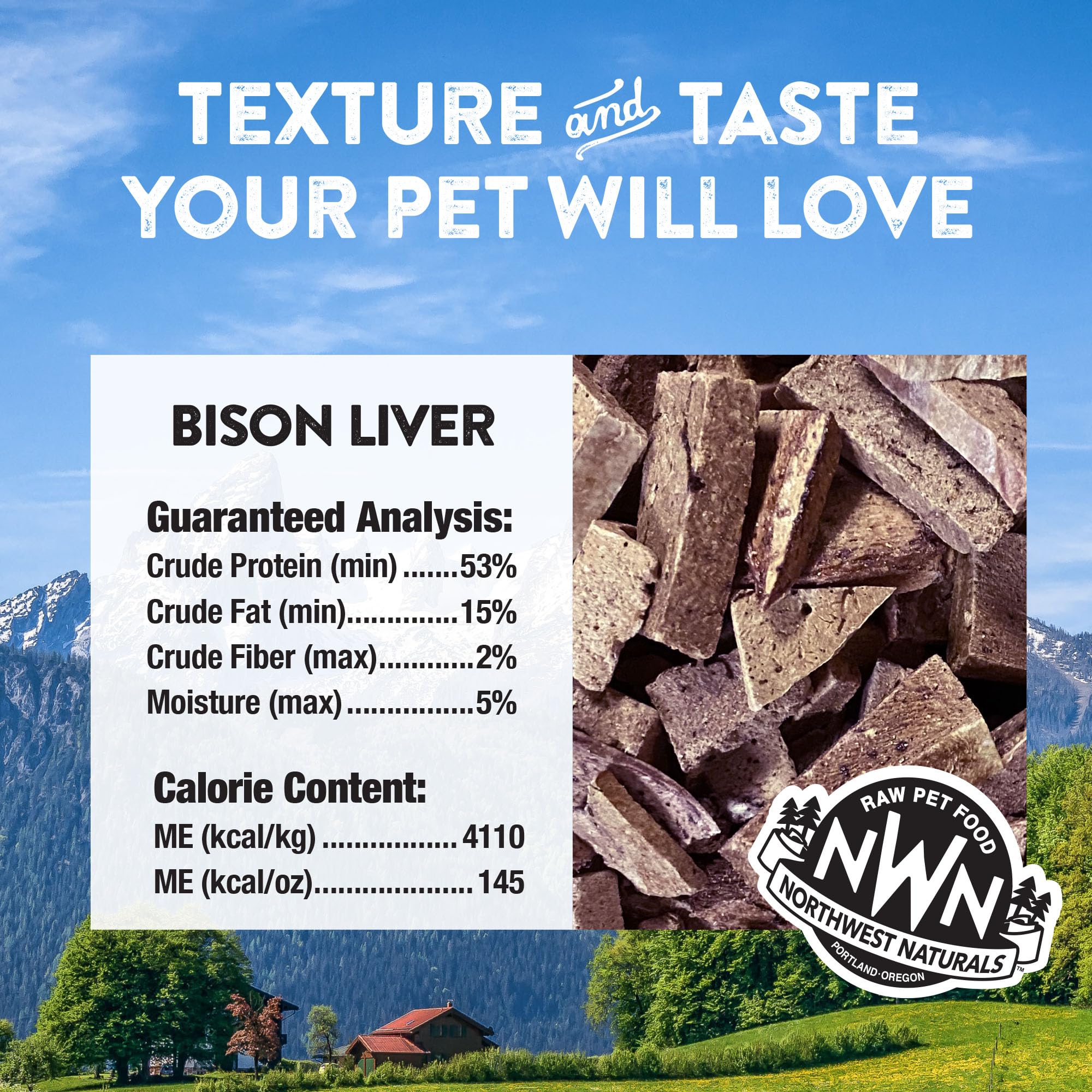 Northwest Naturals Raw Rewards bison liver treats USDA-inspected production promotes safety.