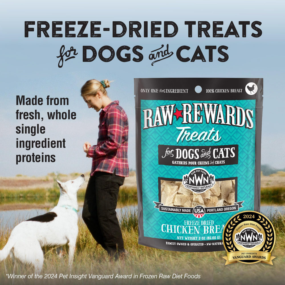 Close-up of Northwest Naturals Raw Rewards chicken breast bites for dogs and cats.