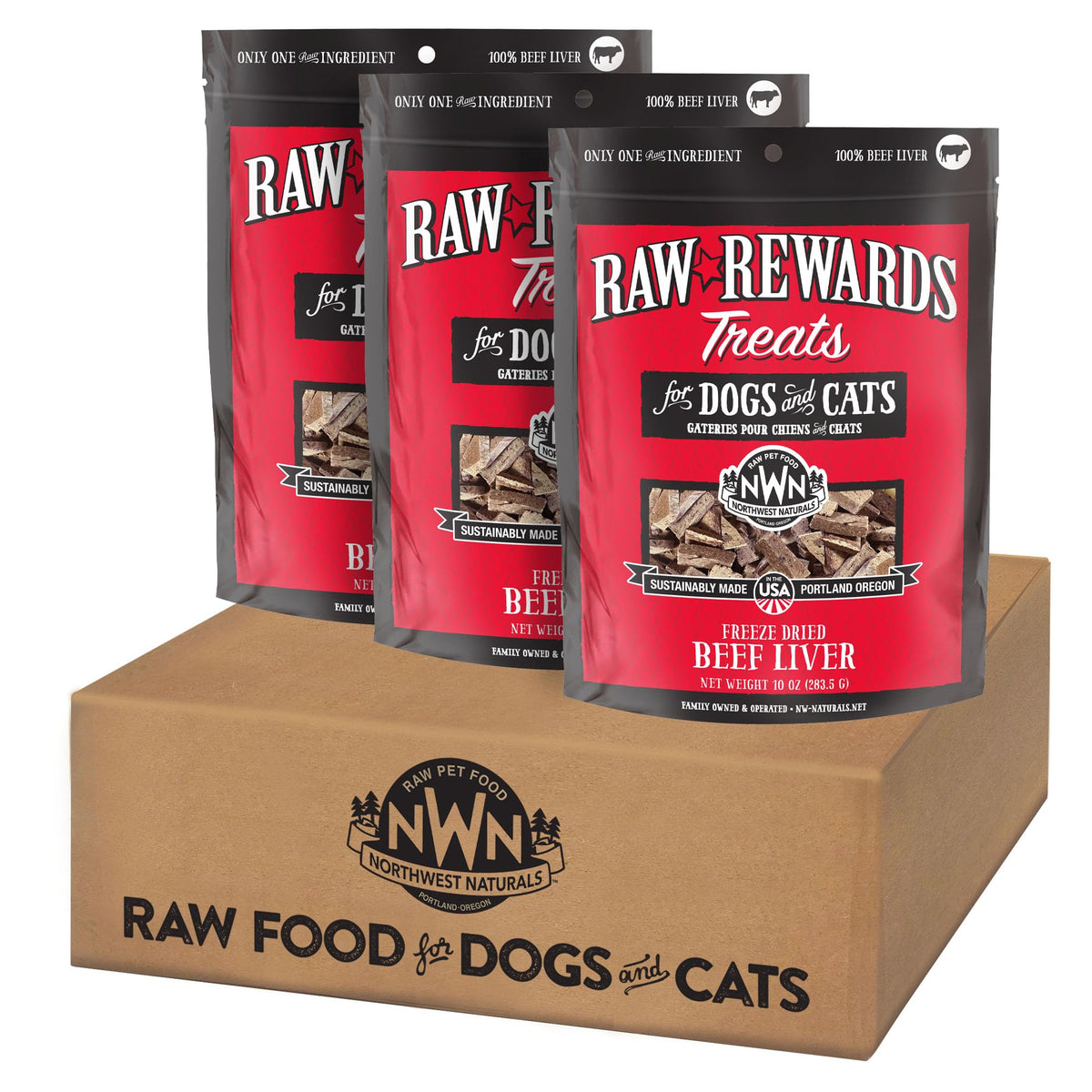 Northwest Naturals Raw Rewards beef liver treats packfront—bite-sized, human-grade dog and cat snack