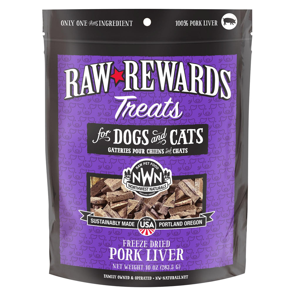 Northwest Naturals Raw Rewards pork liver treats packaging shows premium, human-grade quality.