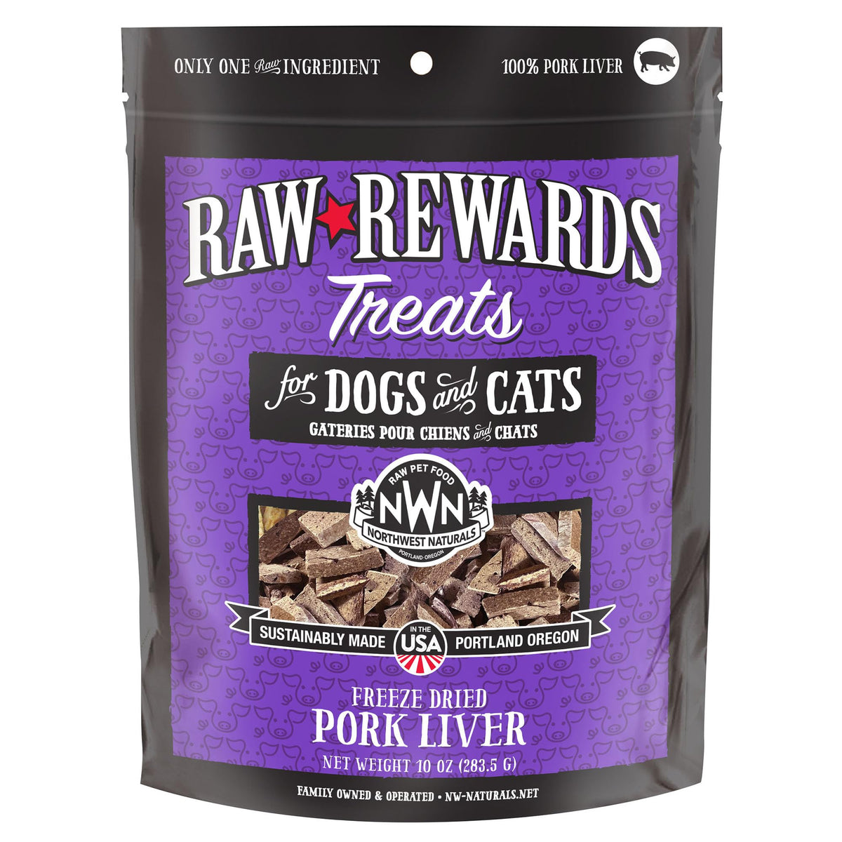 Northwest Naturals Raw Rewards pork liver treats packaging shows premium, human-grade quality.