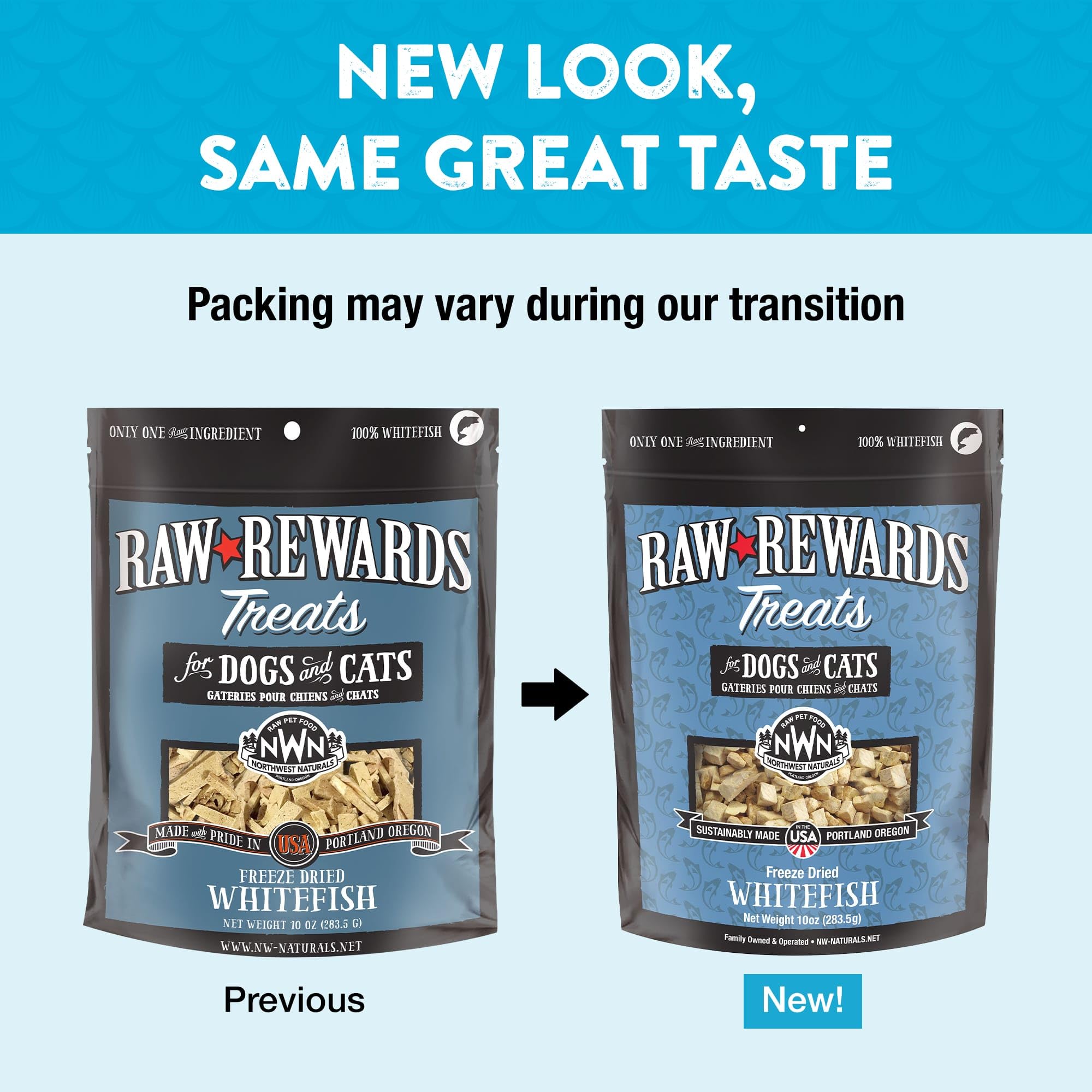 Northwest Naturals Raw Rewards freeze-dried whitefish close-up shows crisp texture ideal for rewards.