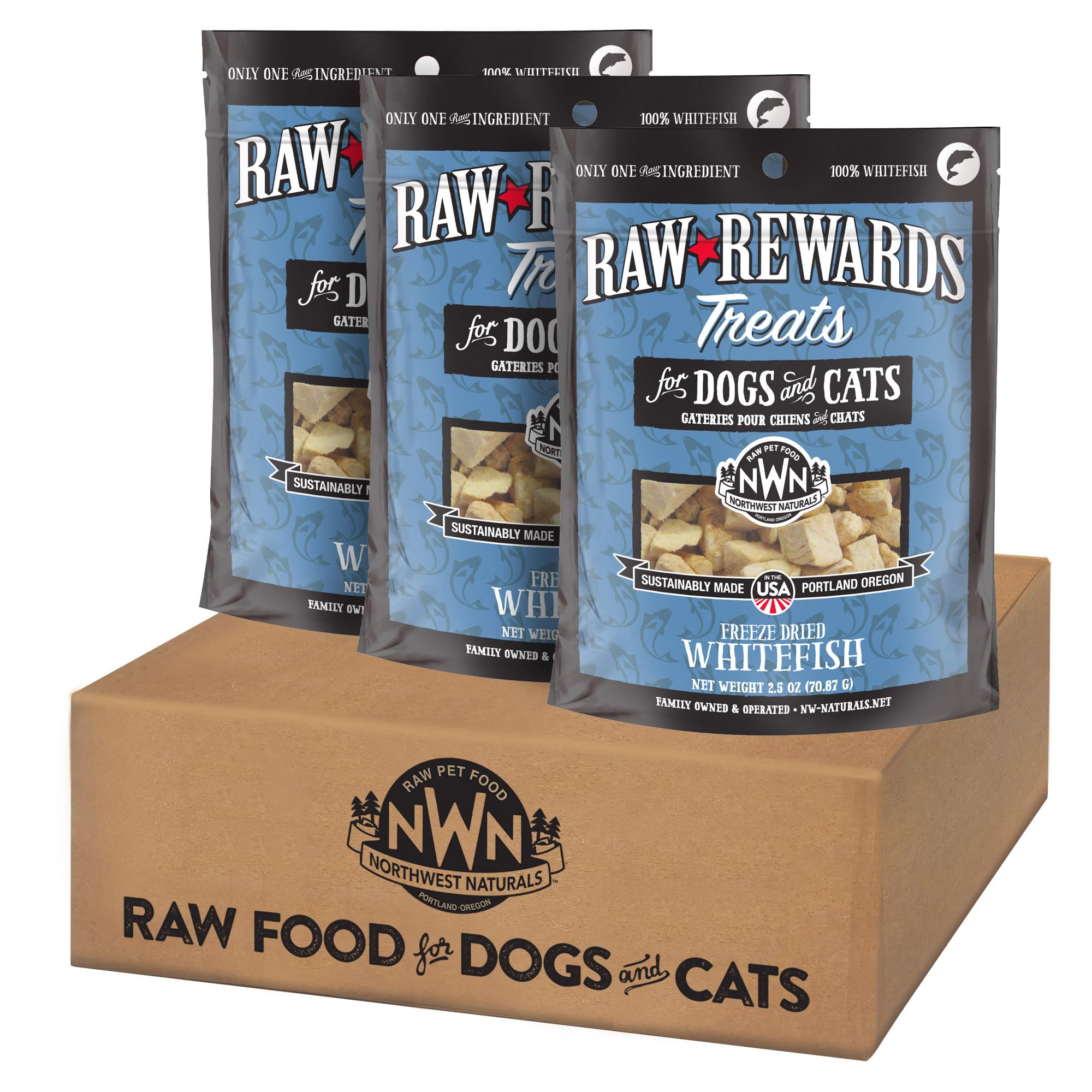Northwest Naturals Raw Rewards travel-friendly packaging with freeze-dried whitefish treats.
