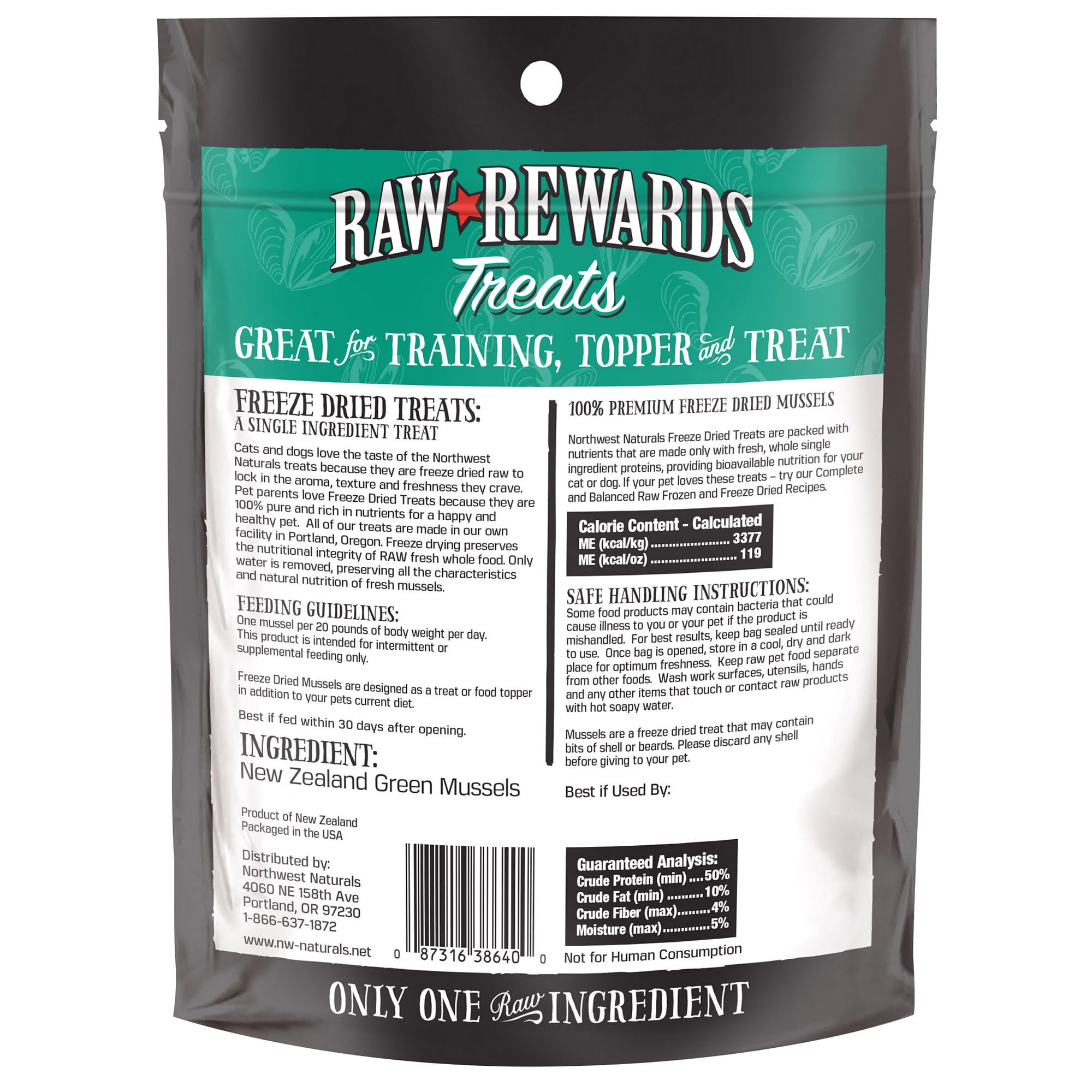 Northwest Naturals travel-friendly freeze-dried mussel treats fit in pockets and bags.