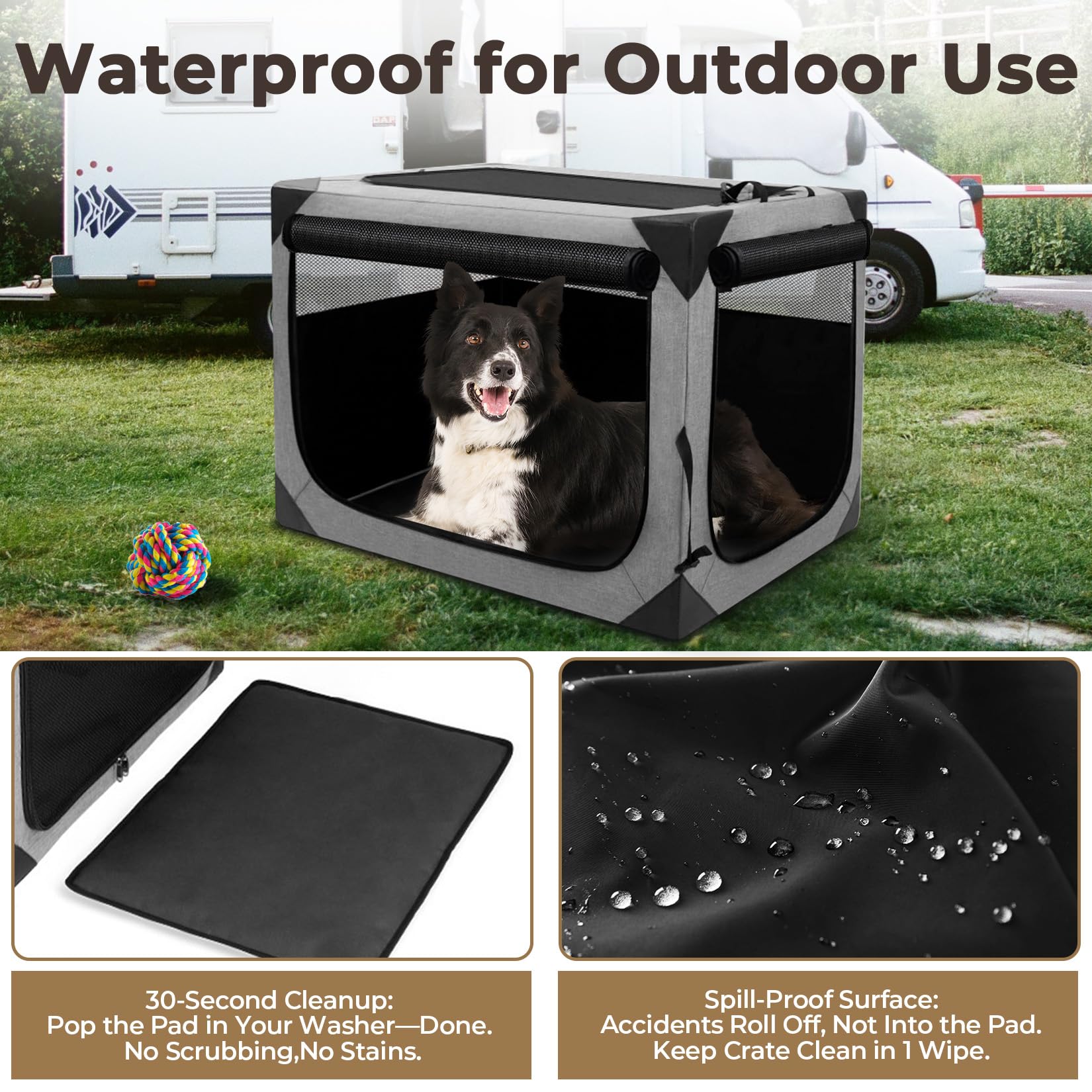 Nottia anti-tip base keeps the crate stable on uneven outdoor surfaces.