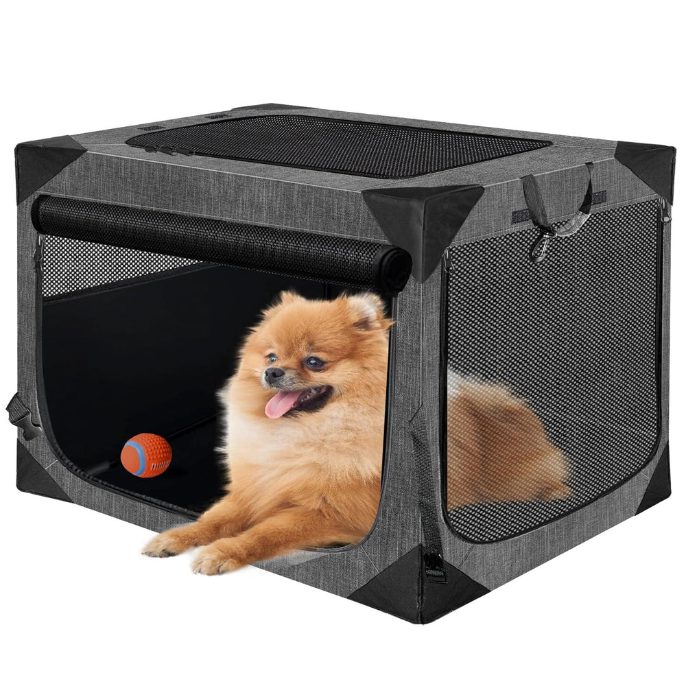 Nottia dog crate front view highlights chewed-proof mesh and secure frame for calm travel.