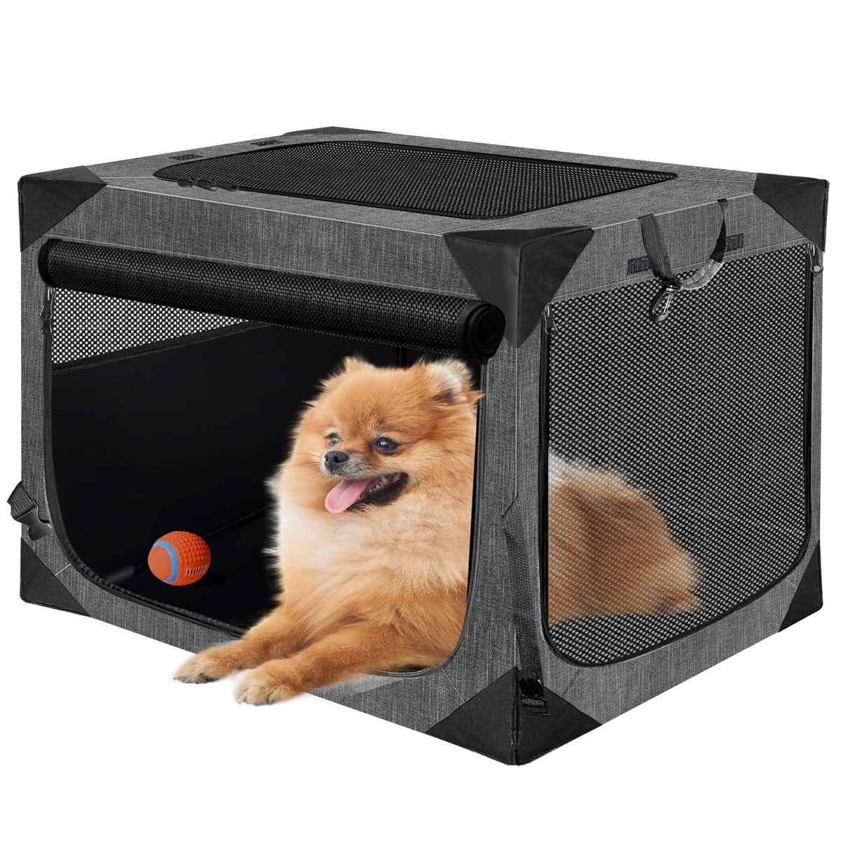 Nottia dog crate front view highlights chewed-proof mesh and secure frame for calm travel.
