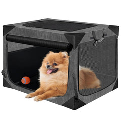 Nottia dog crate front view highlights chewed-proof mesh and secure frame for calm travel.