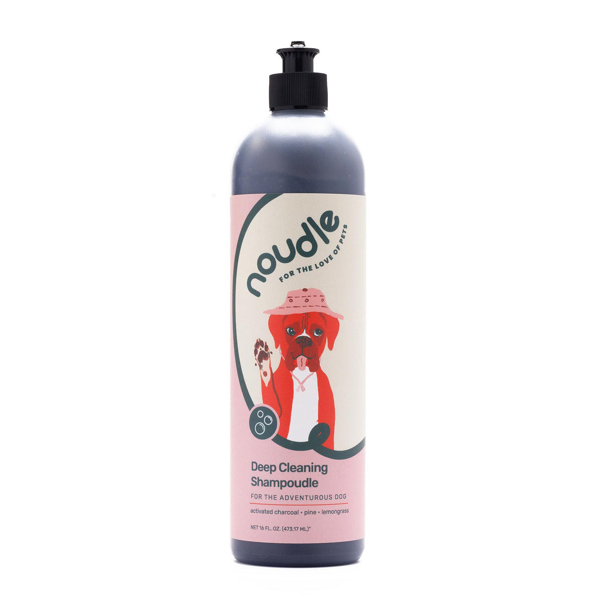 Noudle Pets deep cleaning shampoudle bottle ready for bath with odor-control potential.