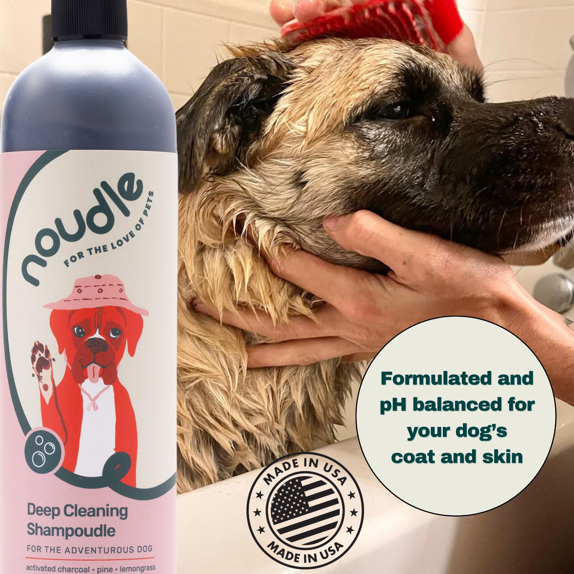 Noudle Pets dog bath time lather demonstrates comfortable, gentle wash.