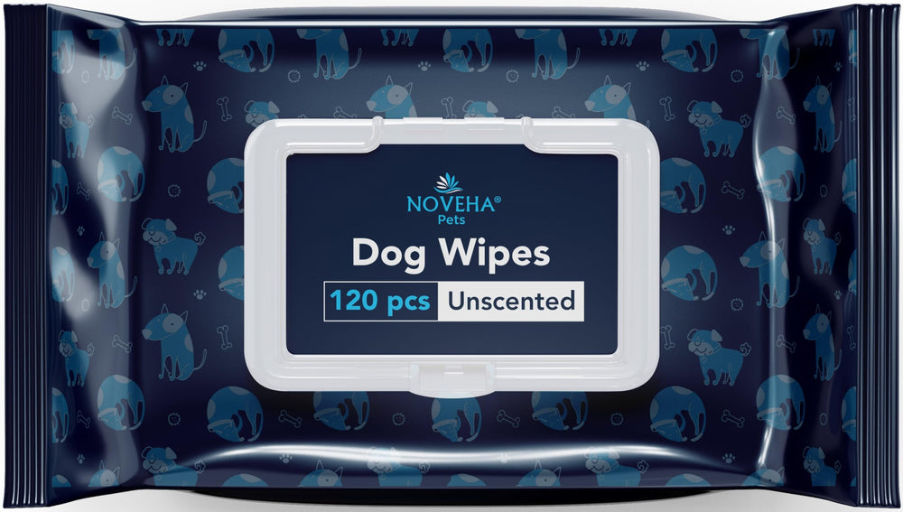 NOVEHA dog wipes packaging shows a 120-count canister for quick at-home grooming.
