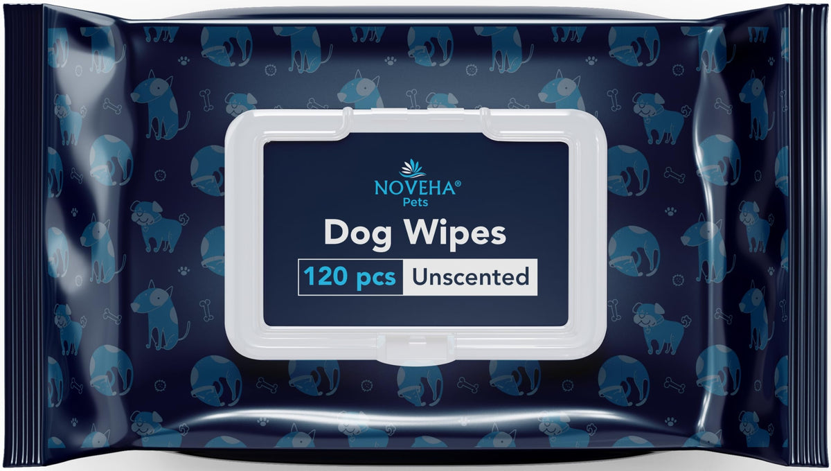 NOVEHA dog wipes packaging shows a 120-count canister for quick at-home grooming.