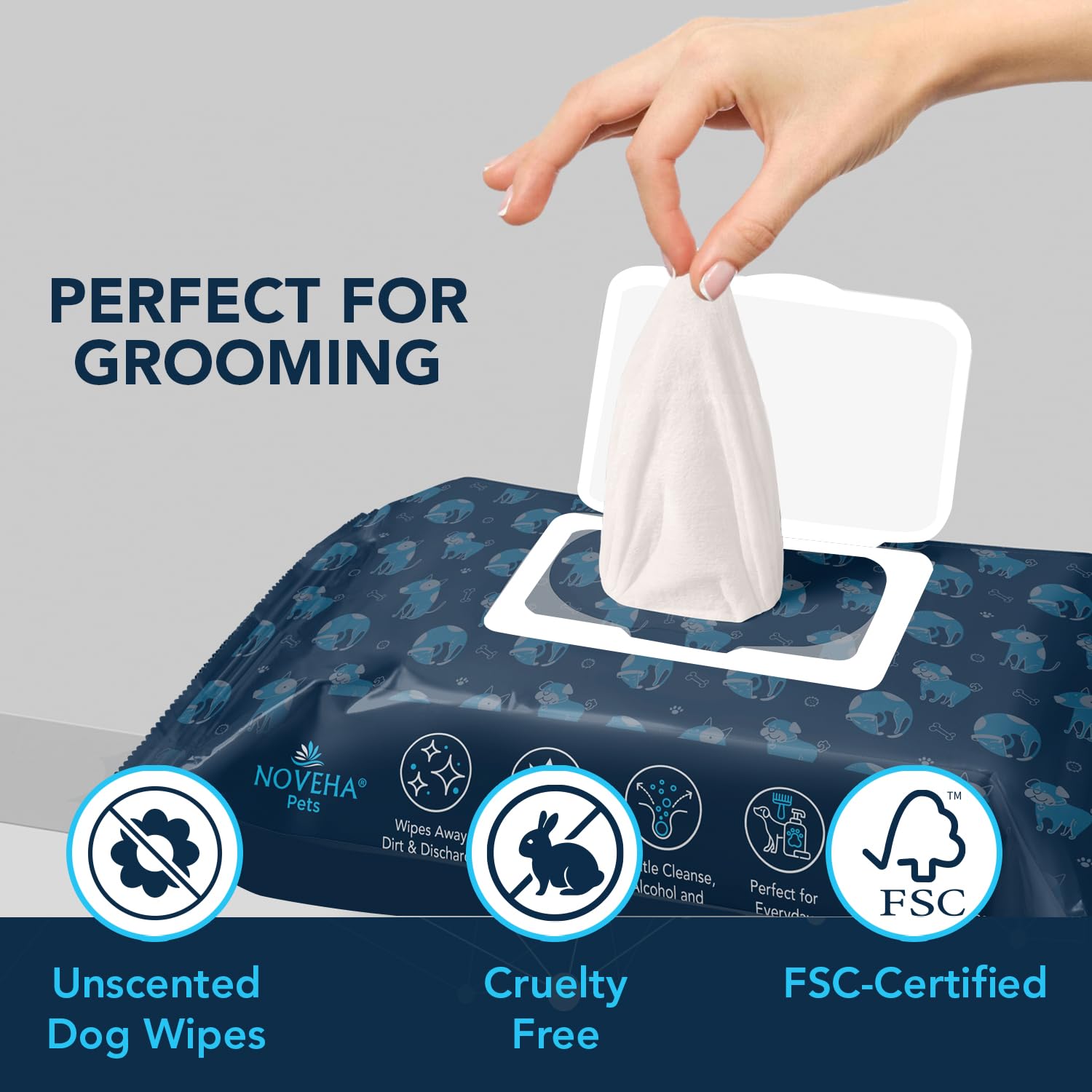 NOVEHA unscented dog wipes offer gentle cleansing with chamomile and aloe vera.