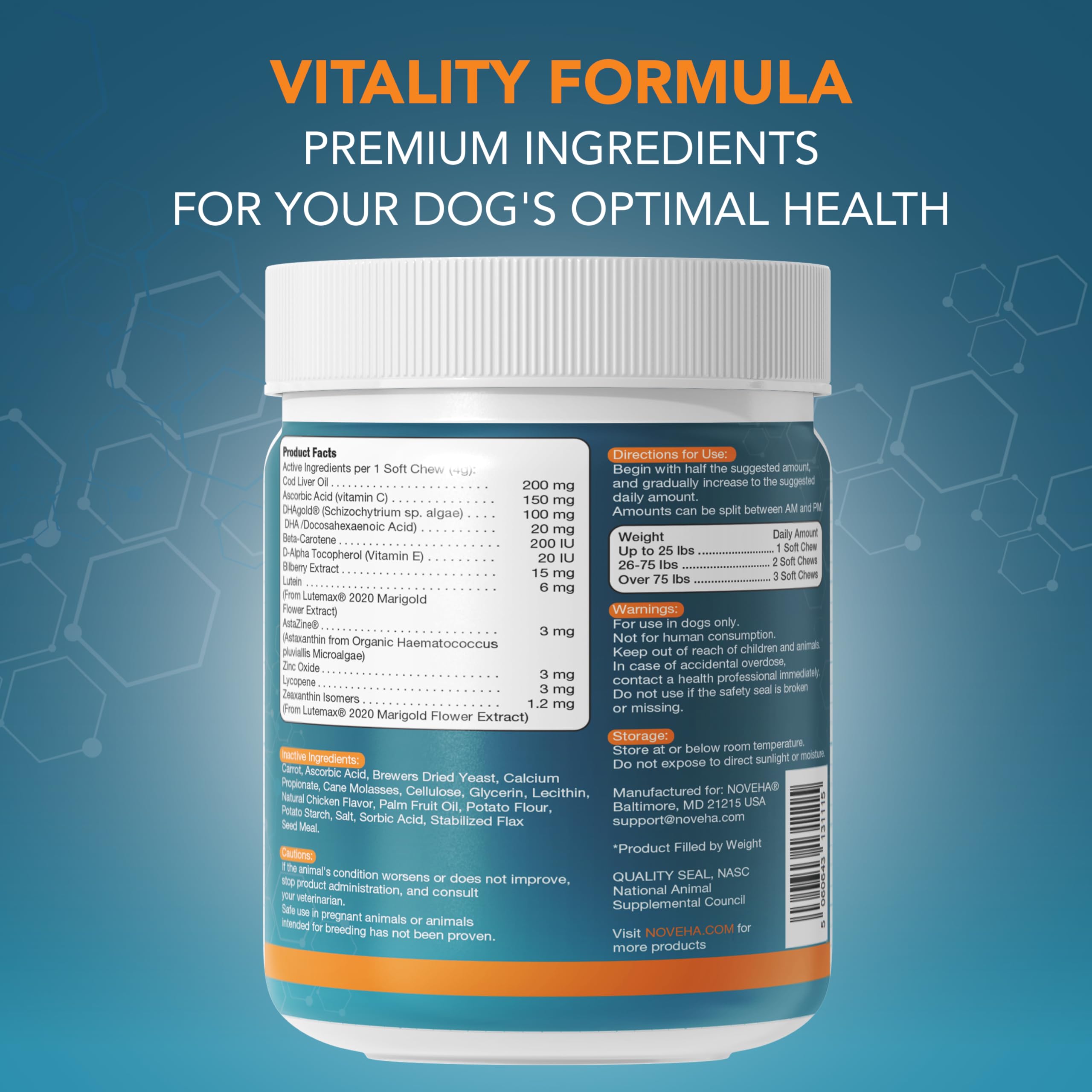NOVEHA ingredients lutein image communicates antioxidant-rich eye nourishment for dogs.