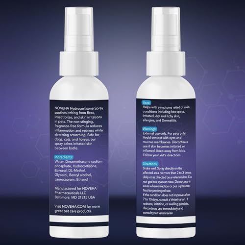 NOVEHA hydrocortisone spray being applied to a pet's skin for gentle relief.