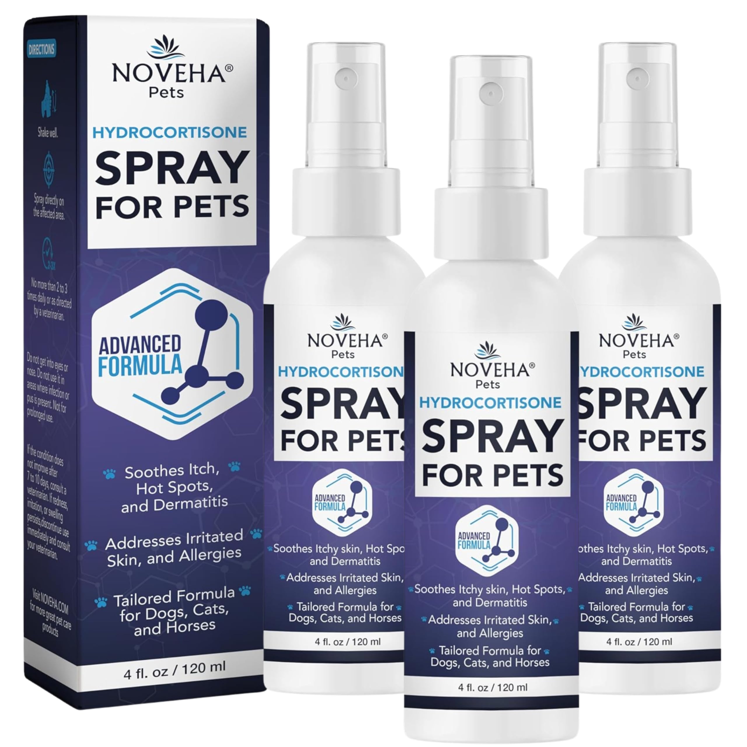 NOVEHA hydrocortisone spray bottle for pets promotes skin comfort.