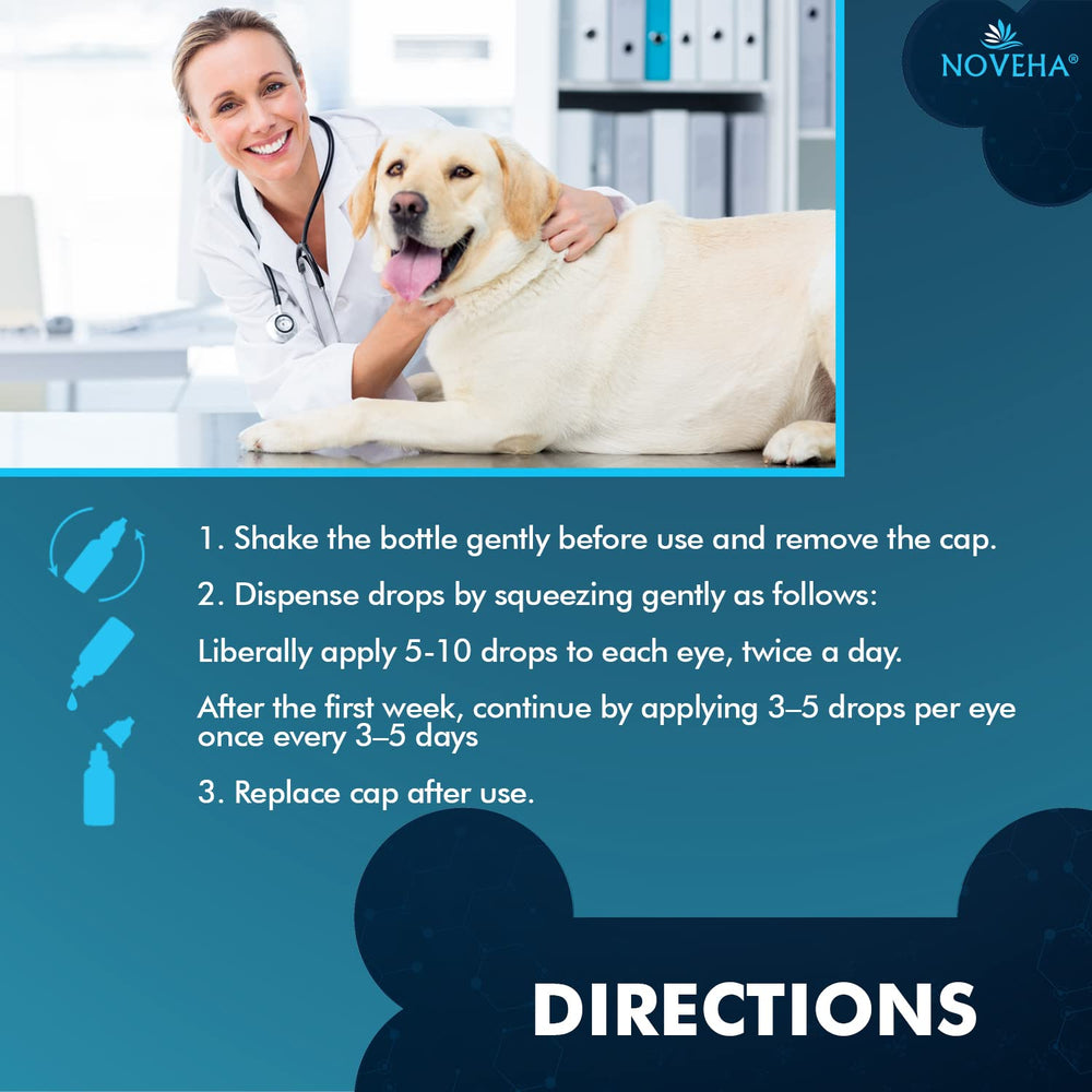 NOVEHA Pet Drops dropper tip dispensing mild eye hydration.