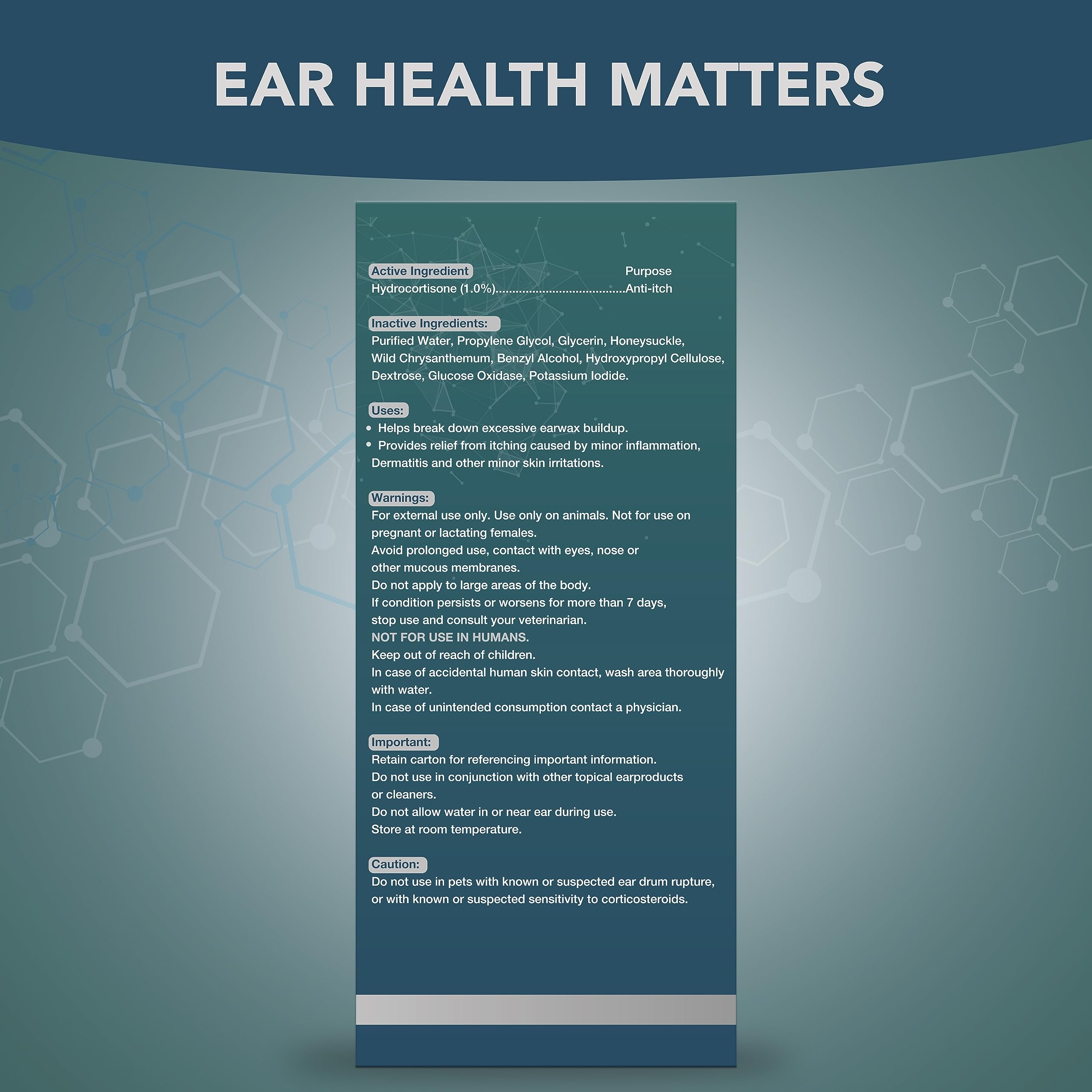 NOVEHA Pet Ear Drops packaging label highlighting no-sting formula and 1% hydrocortisone