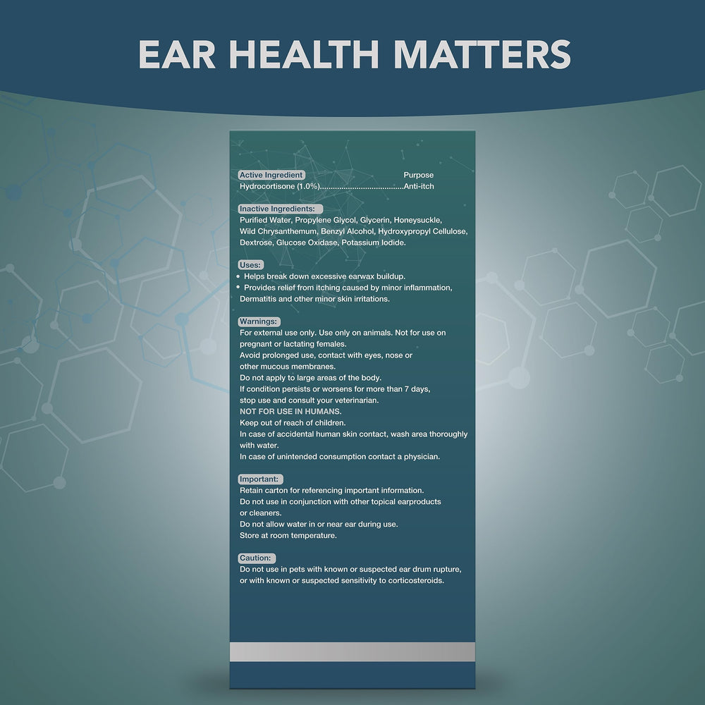 NOVEHA Pet Ear Drops packaging label highlighting no-sting formula and 1% hydrocortisone