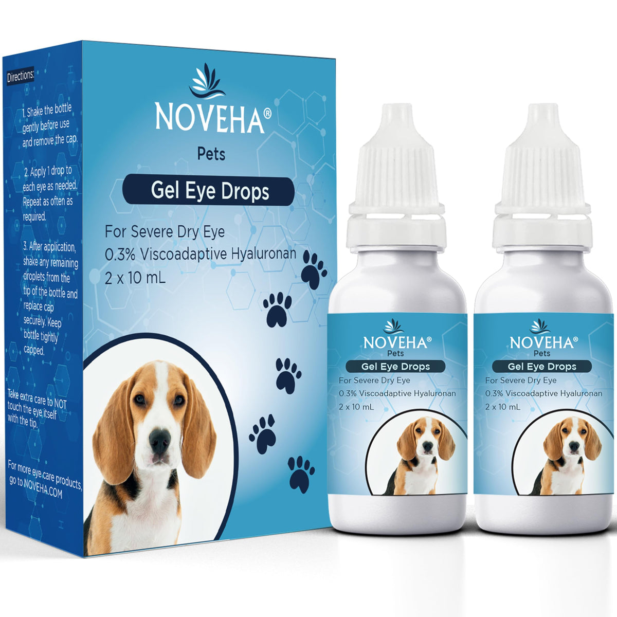 NOVEHA Pet Gel Eye Drops bottle front provides long-lasting eye hydration