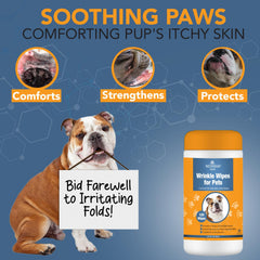 NOVEHA wipe addressing bulldog wrinkles with gentle cleansing.