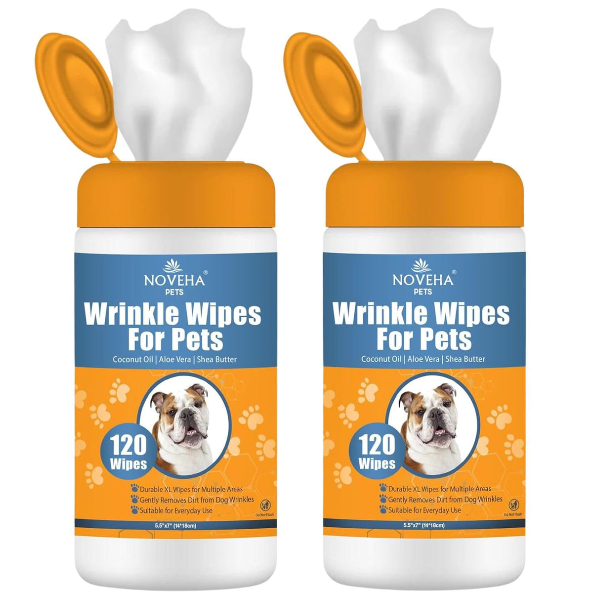 NOVEHA Wrinkle XL Wipes pack outer shows two-pack convenience for travel-ready pet care